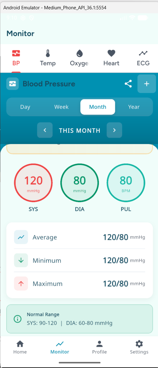 VitalXCare mobile app blood pressure trend chart - track health data on iOS and Android